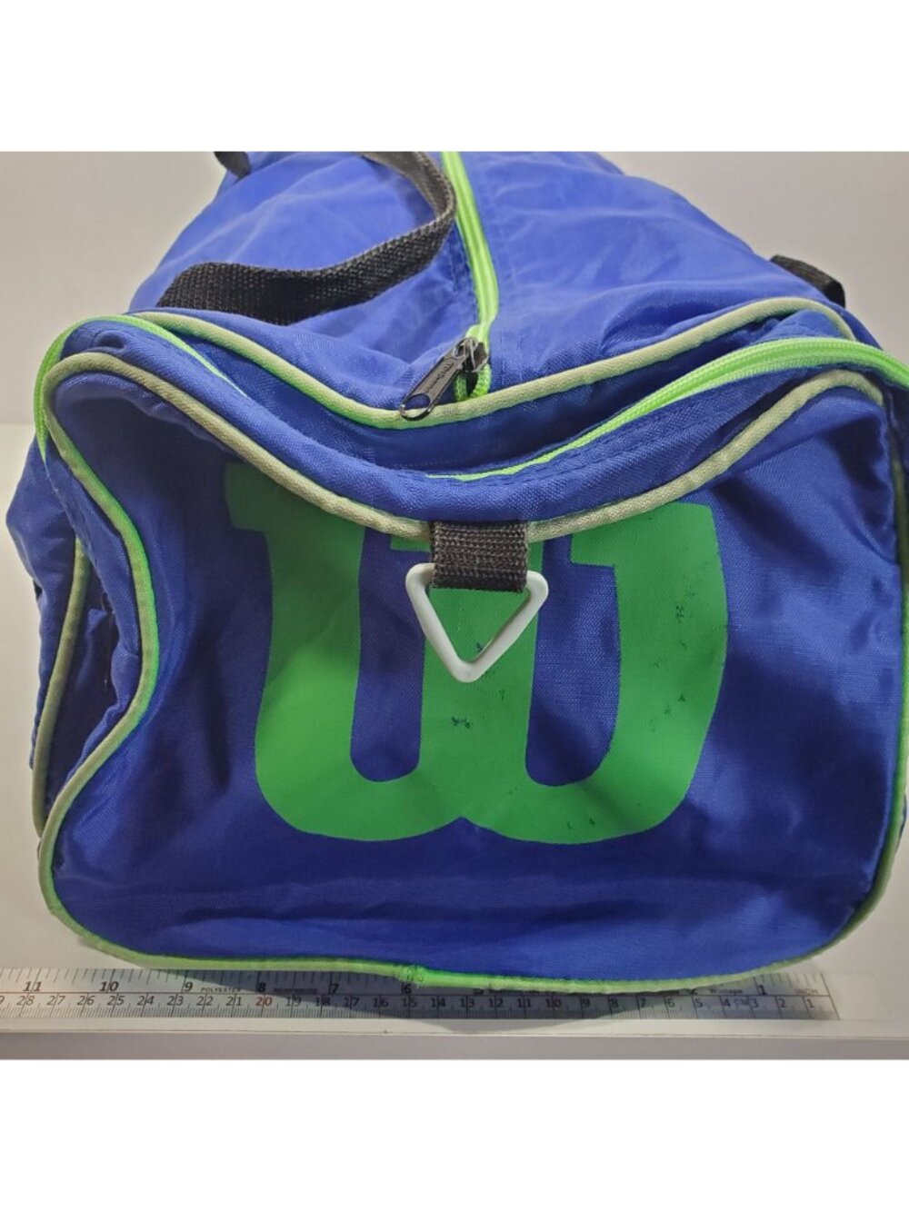 Wilson Blue Nylon Duffle Vintage Gym Bag Neon Green Travel Zippered - Picture 14 of 16